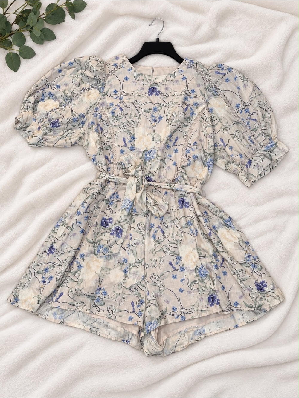 Express Floral Puff-Sleeve Romper in Cream and Pale Blue